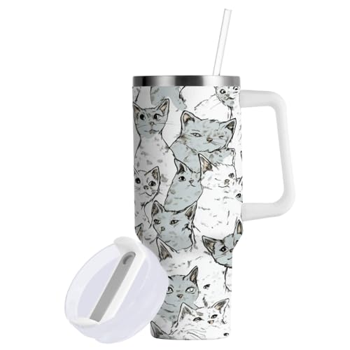 GuoChe Vacuum Coldee - Vaso de 40 onzas con pajilla, resistente a fugas, diseño de gatos divertidos, color gris y blanco, reutilizable, taza de viaje para café con asa para deportes, campamento,