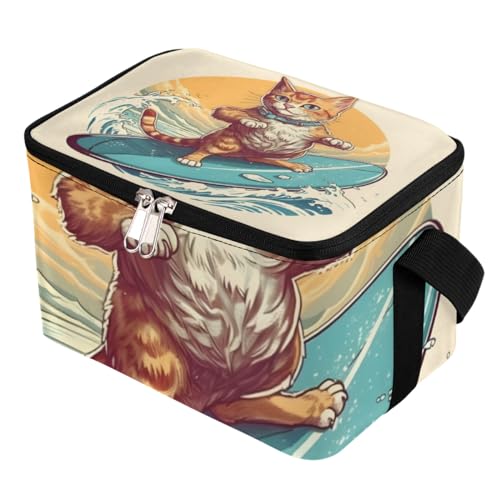GzLeyigou Lunch Bags for Women Men 9 Cans,Surfing Cat Hot & Cold Food Delivery Bag Insulated Grocery Bag Insulated Lunch Box Cat Cooler Bag for Office Work Picnic Beach