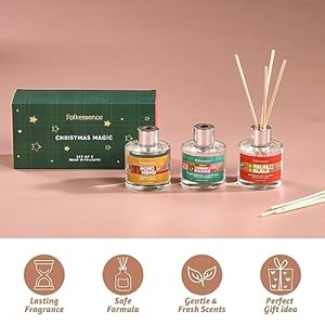 Folkulture chrismas reed diffuser set of 3 with sticks for home 51 fl oz essential oil diffuser with reed sticks organic reed diffuser apple tart peppermint candy lavender christmas magic  urban country home decor
