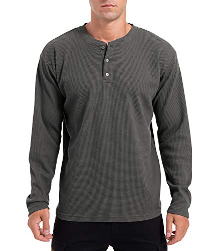 QUALFORT Men's Henley Long Sleeve Shirt Slim fit Beefy Waffle Lightweight Outdoor Henley Shirt Dark Grey X-Large