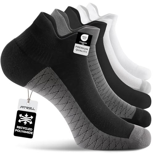 FITRELL Ankle Compression Socks for Women & Men - Cushioned Arch Support Running Socks Plantar Fasciitis Relief Black+Charcoal+White Mixed 5 Pairs S/M
