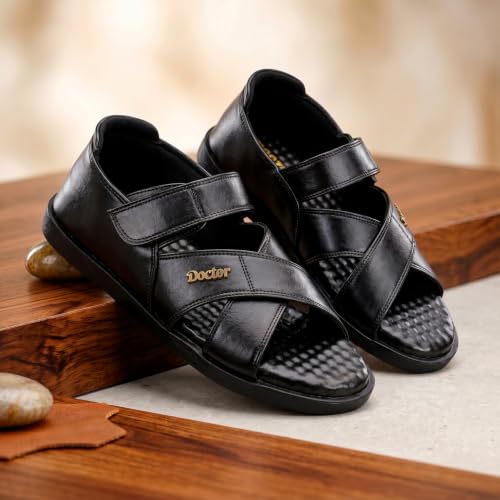 Image of DOCTOR EXTRA SOFT Orthopedic Diabetic Comfortable Dr Sole Footwear Daily Use Casual Wear Stylish Black Cushioned Adjustable Strap Sandals for Men's-Gents & Boy's L-12