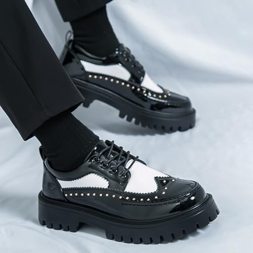 Image of Men's Patent Leather Platform Wingtip Oxford Shoes with Rivets Round Toe Lace Up Lug Sole Brogue Dress Shoes Comfortable Business Work Causal Derby Oxfords