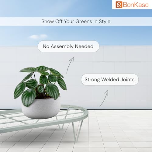 Image of BonKaso Heavy Duty Stadium Plant Stand: 60.9X 22.5 x 12.7 cm, White - Set of 4, Modern Design for Indoor & Outdoor Use, Sturdy, Anti-Rust Planter Stand for Garden, Balcony, Patio