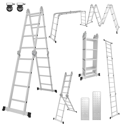 Hebitod Escalera multiusos 4 x 4, 7 en 1, escalera telescópica de aluminio, 470 cm, escalera multifunción con 2 plataformas y ruedas, carga máxima de 150 kg, escalera plegable con 16 peldaños