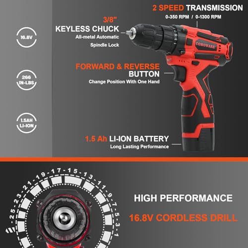 Comoware 16.8V Cordless Drill Set Combo Kit, 153 Pcs Tool Kit For Home, Professional Household Tool Sets For Men, Basic Tool Kit With Power Drill, Tool Set With Drill For Home Repair, Red Case thumb #2