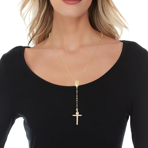 Floreo 10k Yellow Gold or Tri-Gold 2mm Rosary with Virgin Mary Medal and Crucifix of Jesus Cross Pendant Chain Necklace2