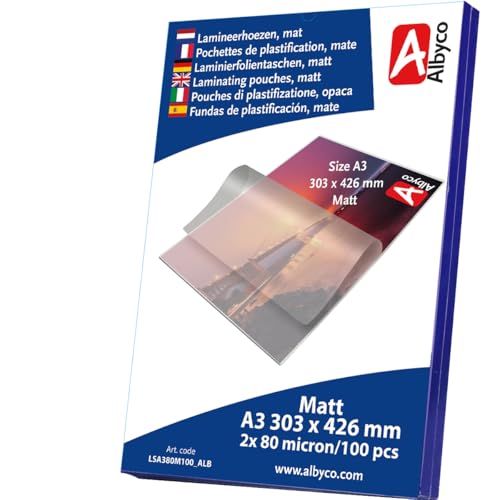 Albyco MATTE Laminierfolien, Laminiertaschen - Format A3, 303x426 mm - Dicke 2x80 (160) Mikron - MATT - 100 Stück - Transparent