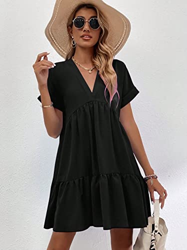 Image of WDIRARA Women's Roll Up Short Sleeve V Neck Ruffle Hem Solid Swing Smock Dress
