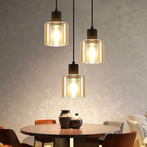 ZMH Lámpara Colgante Mesa de Comedor Lámpara de Mesa de Comedor Vintage con 3 Bombillas Lámpara Colgante de Vidrio E27 Lámpara Colgante Negra Lámpara Colgante Retro para Comedor (sin Bombilla)