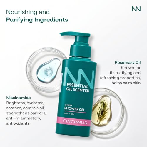 Image of Cincinnus Essential Oil Charm Body Wash Shower Gel for Women & Men with Rosemary, Tea Tree Oil, Niacinamide | Refreshing Gentle Cleansing, Moisturizing Body | For All Skin Types 300ml
