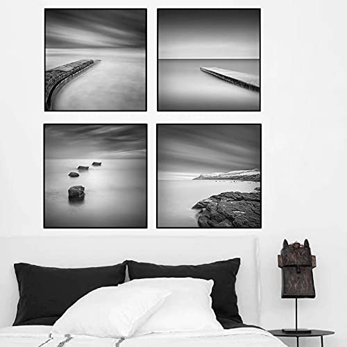 Affiche photo de mer noire et blanche 40x40 cm lot de 4 toiles