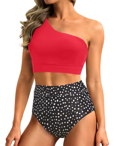 Image of Holipick Women One Shoulder High Waisted Bikini Sets Two Piece Swimsuit Tummy Control Bathing Suit Full Coverage Swimwear