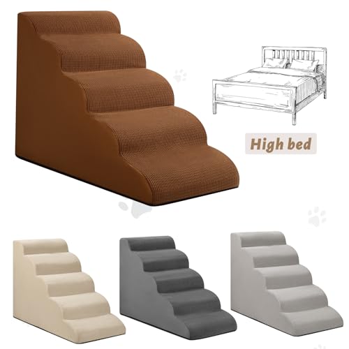 Image of Aodisman Dog Stairs for High Bed,5-Step Pet Ramp for Small Dogs and Cats | 22.2 inch H Dog Steps for Bed with High-Density Foam, Help Olders,Short-Legged Dogs,Puppy and Cats Get on Beds Easily,Grey,Brown