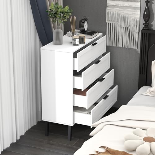 Image of Dresser for Bedroom, Storage Organizer with 4 Drawers, Chest of Drawers,Sturdy Metal Frame, Wood Tabletop for Guest Room, Closet, Entryway, White