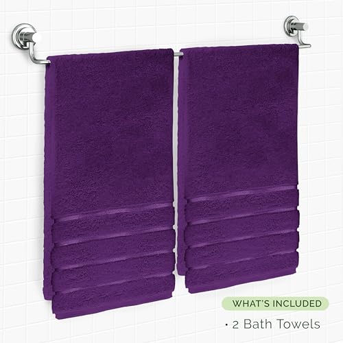 Image of Elegant Comfort 100% Turkish Cotton 4 Lines Viscose Stripe Luxury 2 Pack Bath Towel Set 27 x 54 Inch - Super Soft and Highly Absorbent Premium Hotel Spa Quality Towels for Bathroom Use, Purple