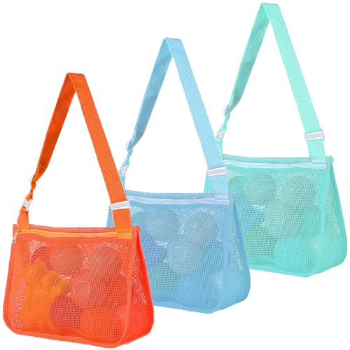 FCLEIH Mesh Beach Bag Kids Shell Collecting Bag Beach Toy Totes for Holding Beach Toys Children' Toys Market Grocery Picnic Tote (Orange, Blue, Green)