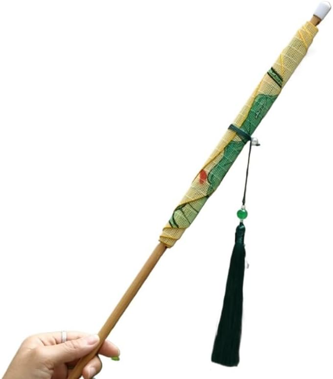 Handwoven Round Fan with Fish Pattern Long Handle Ancient Chinese Palace for Dance Decor