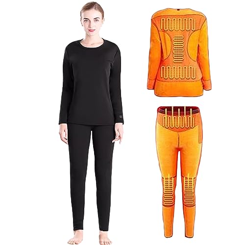 VLOBAOM Heated Thermal Underwear Set for Women Men, Winter Warm Heating Fleece Base Layer Long Johns Shirts & Pants,4XL,Women Black