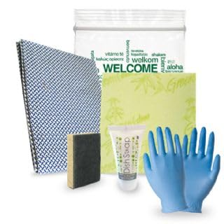 20 Kit di benvenuto 5 pezzi SACCHETTO VUOTO IN POLIETILENE - DETERSIVO PIATTI - SPUGNA PIATTI - PANNO PAVIMENTO PANNO PIATTI GUANTI IN NITRILE