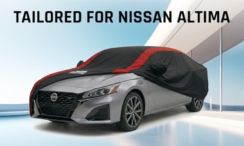 Image of Altima Car Cover Waterproof All Weather with Red Strip Design, Custom Fit for Nissan Altima 2002-2025, Altima Accessory with Door Zipper & Windproof Straps
