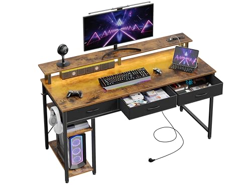 Rolanstar Schreibtisch mit Schubladen, Gaming Tisch mit Steckdose, LED & Monitorständer, Computertisch für Home Office, Büro, Wohnzimmer (Vintagebraun, 120 cm)