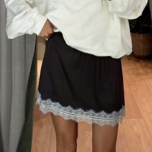 XBTCLXEBCO Women's Satin Half Slip Elastic Low Rise Lace Trim Mini Skirt Y2K Silk Lace Short Skirt Underskirt2