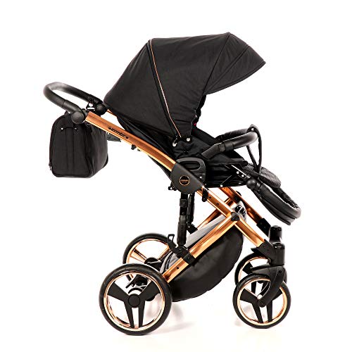 Original Junama Diamond Individual Reisesysteme Kinderwagen 2in1 3in1 4in1 + Schlafsack + Handmuff + Sonnenschirm + Originalzubehör (4in1 mit ISOFIX basis, Kupfer-Schwarz 03)