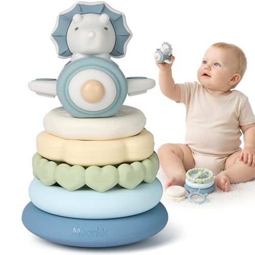 Moonkie Dinosaur Baby Stacking Toys | 7-Piece Silicone Rings for Teething Relief | Educational Toy for Infants & Toddlers 6 Months+ | Baby Shower or...