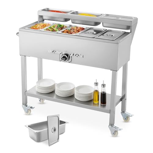 Image of VEVOR Commercial Propane Steam Table, 5 Food Pans & 3 Condiment Pans, LP Gas Outdoor Soup Warmer with Drain Valve and 3 inch Wheels, Stainless Steel Propane Food Warmer with Adjustable Temp for Outdoor