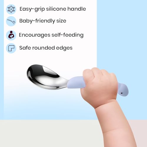 Image of Baby Spoon and Fork Set, Blue Silicone Toddler Cutlery Set with Dinosaur Case, 2 Pc, Self Feeding Utensils for Baby Meals School and Travel, Mealtime Essential. Easy to Carry for Home