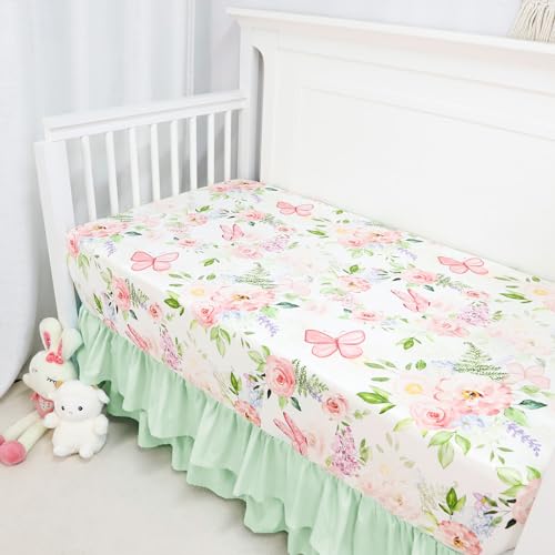 Image of 4 Piece Crib Bedding Set for Girls, Baby Girl Crib Bedding Set Butterflies Floral Nursery Bedding Set Includes Comforter, Fitted Crib Sheet, Crib Skirt, and Diaper Stacker, Green & Pink | Garden Theme