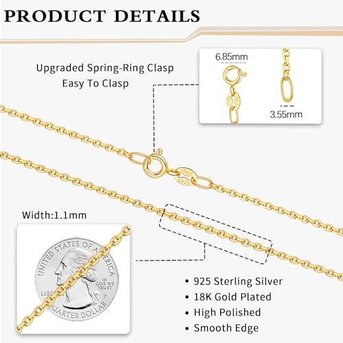 Momlovu Solid 18k Gold Over 925 Sterling Silver Chain Necklace for Women, 1.1mm Cable Chain Hypoallergenic Replacement Necklace, Sturdy&Shiny Women's Chain Necklaces 14/16/17/18/20/22/24 Inch4