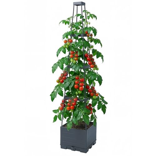 Warmiehomy Raised Garden Bed with Trellis Self-Watering Tomato Planters Box Plastic Tomato Cage for Climbing Plants Vegetables Flowers 28 x 28 x 140 cm Black