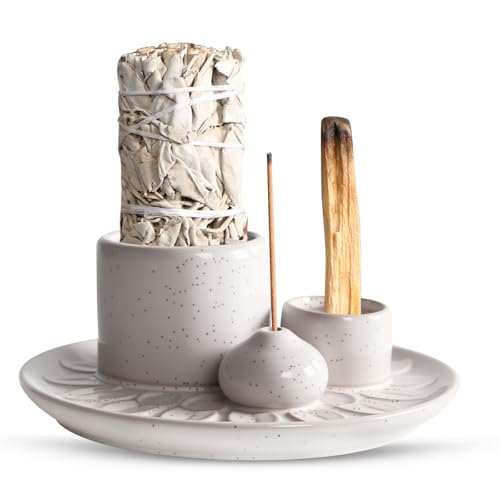 GOEDCH Cuenco de incienso de cerámica: soporte para salvia blanca, plato para ahumar, cuenco para ahumar, cuenco para incienso, accesorio de meditación, soporte con placa recolectora de cenizas para