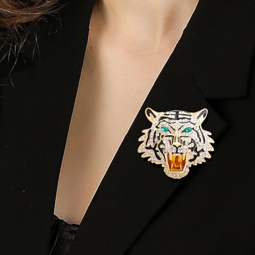 Image of Premium Rhinestone Tiger Brooch Pin Gold Silver Tiger Head Brooch Lapel Pins Vintage Punk Style Animal Brooch Domineering Cool Tiger Brooch Clothes Hats Bags Suits Banquets Party Costumes Jewelry for Women and Men