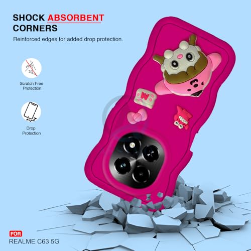 Image of AESTMO Back Case Cover for Realme C63 5G | 3D Cute Fun Cartoon Characters | Anti Slip Grip Cute Wave Curly Frame Shape | Full Body Protection Back Cover for Realme C63 5G (Pink)