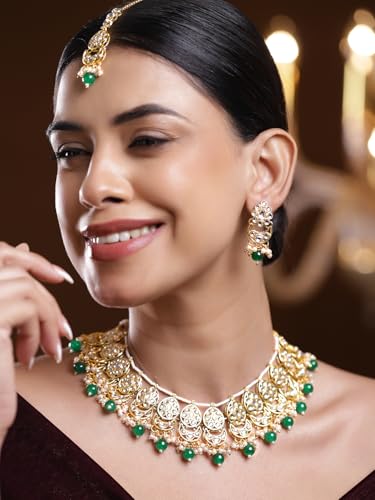 Image of Rubans Necklace Maangtikka Set Gold Plated Kundan & Pearl Jewellery Gift for Women & Girls