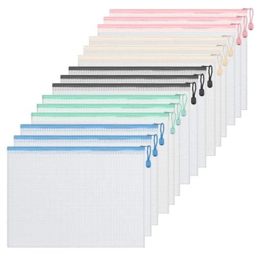 Plastic Wallets - 15 Pcs A4 Zip Lock Bags Plastic Folders Document Wallets, A4 Zipper File Folders 5 Colours Plastic Pockets for School Office Household Travel Supplies