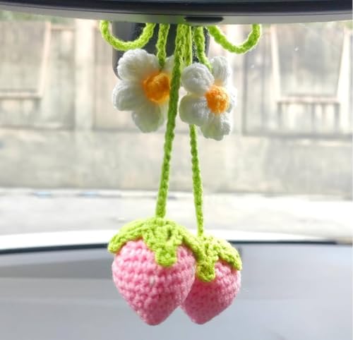 Image of VRB Dec 1 Pcs Crochet Flower for car Dashboard Decoration Items,Car Hanging Crochet Flower,Sunflower Decoration for Car,Car Mirror Hanging Accessories, (Hanging Strawberry Pink Crochet - 1 Pcs)