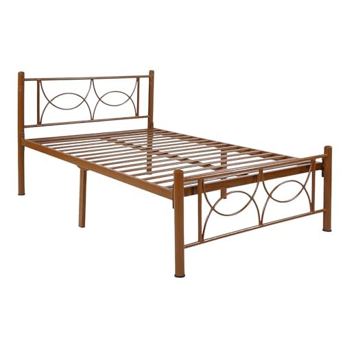 Image of Luno Metal Extra Single Size Bed Without Storage | Wrought Iron Single Bed with Headboard & Footboard| Sturdy Powder Coated Platform Cot for Bedroom (Luno Brown)