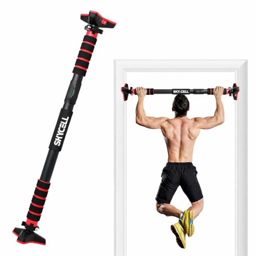Image of SKYCELL Door Pull Up Bar For Home Workout Wall Mounted Pull Up Doorway Bar for Men, Women & Kids Without Screw Doorway Hanging Rod 27-40 inches | Weight upto 200 Kg (Black Red)