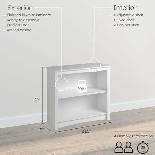 Image of Prepac Sonoma 2-Tier Bookcase 29 inchH with 1 Adjustable Shelf, White Storage Cabinet, Modern Display Cabinet, Bookshelf with Storage Shelves for Home Office, Living Room, Bedroom Organizer
