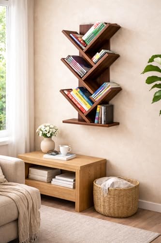 Image of Tree-Shaped Wall-Mounted Bookshelf, Wooden, 4-Tier Floating Book Rack for Living Room, Study, Brown