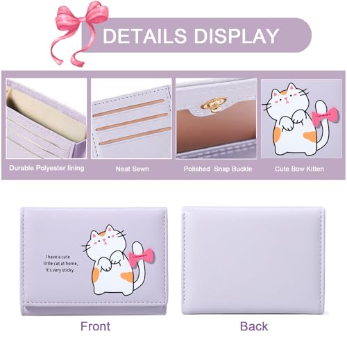 Cute Cat Print Wallet for Girls Small Wallet with ID Credit Card Holder for Women (PURPLE)4