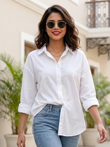 Image of Urbano Fashion Women's Cotton Full Sleeve Oversized Fit Casual Solid Slub Shirt with Spread Collar
