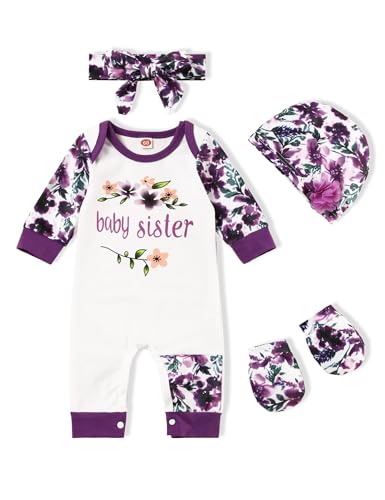 Image of Gaupafmb Baby Girl Clothes Patter&Letter Baby Girl Romper with Bow Hat&Headband and Gloves 4Pcs Baby Girl Coming Home Outfit