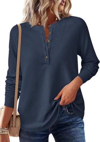 Image of PRETTYGARDEN Women's Long Sleeve Waffle Knit Henley Shirts Loose Tunic Tops
