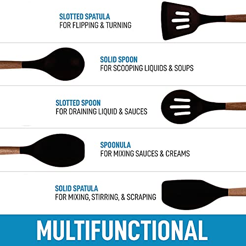 Image of Non-Stick Silicone Cooking Utensils Set with Natural Acacia Hard Wood Handle, High Heat Resistant Black Pack of 5