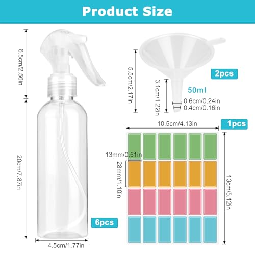 AILUYA 6 stück 200ml Sprühflasche, Fine Mist Spray Bottle mit 24 Etiketten und 2 Trichtern, PET Zerstäuber Sprühflasche, Wassersprühflasche für Hausreinigung, Garten, Friseur, Pflanzen, Blumen